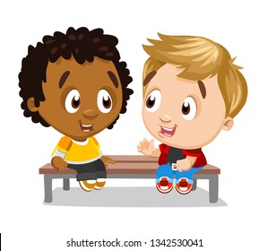 Little African American And European Boys Sitting On Bench, Laughing And Talking. Concept Of Multiracial Friendship, Children`s Pastime, Walking. Cartoon Illustration Isolated On White Background.