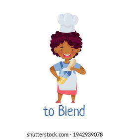 Little African American Girl in Apron Blending at Kitchen Vector Illustration