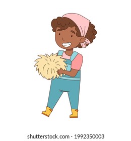 Little African American Girl Carrying Hay Working on the Farm Vector Illustration