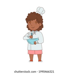 Little African American Girl Chef in White Toque and Jacket Holding Bowl Mixing Something Vector Illustration