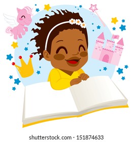 Little African American girl enjoying reading a fairy tale book