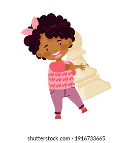 Little African American Girl Holding Giant White Pawn as Chess Piece or Chessman Vector Illustration