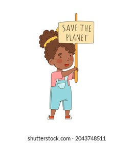 Little African American Girl Holding Placard on Pole with Appeal Saving Planet Vector Illustration