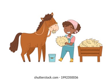 Little African American Girl in Overall Feeding Horse with Hay Rested in Wooden Crate Vector Illustration.