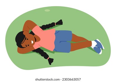Little African American Girl with Pigtails, Peacefully Lying On A Green Meadow View From Above, Surrounded By The Lushness Of Summer Nature. Child Character Relax. Cartoon People Vector Illustration