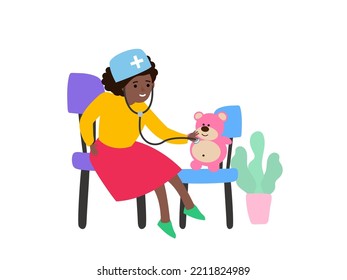 little african american girl play doctor with bear toy stethoscope vector illustration