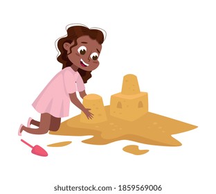 Little African American Girl Playing on Pile of Sand, Kid Having Fun on Playground Cartoon Style Vector Illustration