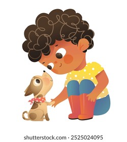 Kleine afrikanische Amerikanerin, die mit Hund oder Welpe spielt. Nettes Kind und ihr kleiner Hund, Grundschule und Kindergarten Cartoon. Vektorgrafik-Design-Illustration in hellen Farben für Kinder.