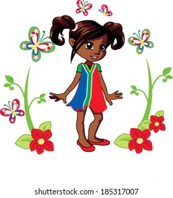 little african american girl with ponytails in a garden with butterflies