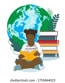 Little African American Girl Is Reading A Book, Stack Of Books At Planet Earth Background.  Smart Curious Schoolchild Want To Know, To Learn Everything About The World Around, Nature, Ecology. Vector