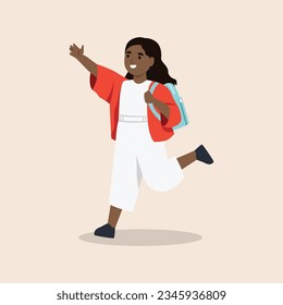 Little african american girl running with her hands up. Flat vector illustration isolated on white background