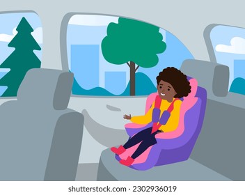 little african american girl  sitting in a car seat child safety transportation inside auto vector illustration