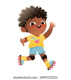 Little African American girl skating, kids character graphic cartoon. Childhood sport activity, happy schoolgirl wearing roller skates. Sports and activity vector clip art illustration for children.