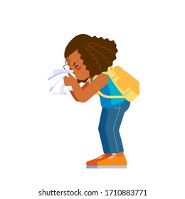 Little african american girl sneezes. School girl having cold, seasonal flu running nose, feeling unwell. Cartoon style vector illustration isolated on white background.