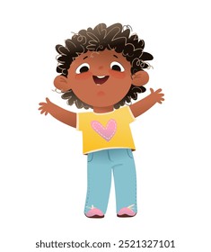 Little African American girl, standing cheerful hands up and smiling. Happy child, graphic illustration for school or kindergarten children. Kids character cartoon, vector isolated clipart.
