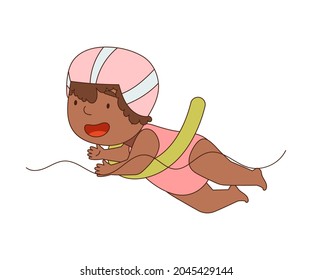 Little African American Girl In Swimsuit With Pool Noodle Swimming In Water Vector Illustration