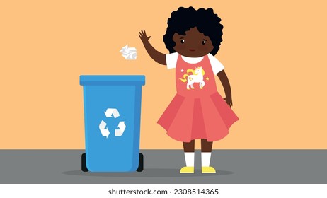 Niña afroamericana lanzando basura en el cubo de basura. Ilustración del vector