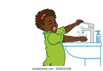 Little african american girl turns on faucet, water valve, washes her hands with liquid soap on sink, wash basin, bathroom, Wash your hands to be free from disease concept. Vector illustration art.