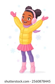 Little African American girl in warm winter clothes with raised arms happy to see snow. Cartoon vector illustration isolated on white background.