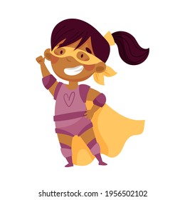 Little African American Girl Wearing Costume of Superhero Pretending Having Power for Fighting Crime Vector Illustration