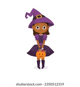 Little African American Girl in Witch Costume Holding Pumpkin Bag Full of Candy Vector Illustration.  Cartoon Vector Character for party, Invitations, Web, Mascot.