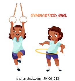 Little african american kid girl doing exercises in gymnastics with rings and hoop. Isolated female child in funny cartoon style. Children sport illustration.