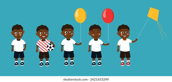 Un niño afroamericano. Ilustración vectorial de baloncesto, cometa y globo de las actividades de juego infantiles de negro