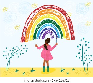Little african american toddler girl is drawing rainbow. Kid painting rainbow on the sky. Hand drawn vector cartoon illustration 