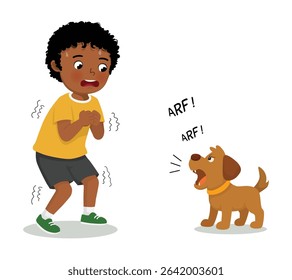 Little African boy afraid of a dog barking make him shivering and trembling