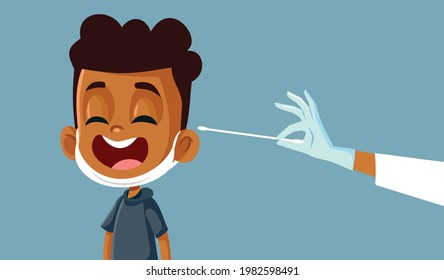 Little African Boy Being Tested for Covid-19. Young child opening mouth for quick coronavirus testing with cotton swab
