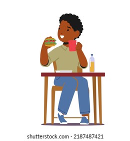 Little African Boy Eating Burger and Drink Tea. Kid Eat Fastfood at Home or School, Child Character Sitting at Wooden Table with Meals Isolated on White Background. Cartoon People Vector Illustration