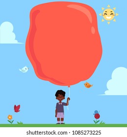 Little african boy with extremely big red balloon for copy space on blue sky background. Child with balloon in summer sunny day, cartoon colorful vector illustration.