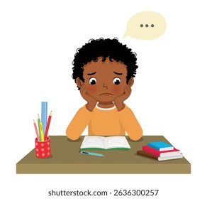 Little African boy feeling tired, bored, lazy studying and doing math homework at the desk at home