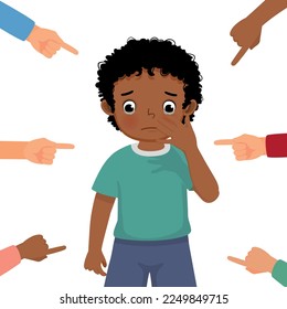 little African boy get bullied at school feeling sad, guilty and ashamed with finger surrounding pointing at him blaming and accusing him in public