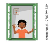 Little African boy opening window greeting waving hand in the morning