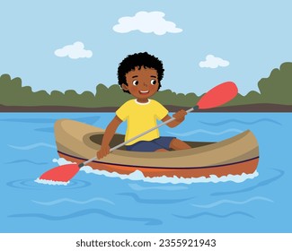 Little African boy rowing in the river
