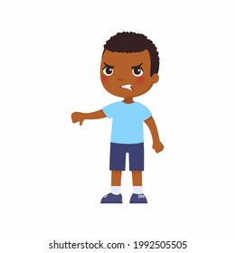 Little African boy showing thumb down gesture. Upset dark skin child standing alone cartoon character. Person negative emotion, disagreement expression