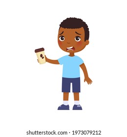 Little African boy with takeaway coffee. Cute dark skin kid with hot beverage, cartoon character. Unhappy child holding paper cup with bitter energy drink