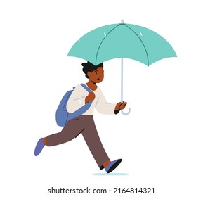 Little African Boy with Umbrella and Schoolbag Run at Rainy Weather. Kid with Backpack Fast Running by Puddles, Child Character under Shower at Stormy Autumn Day. Cartoon People Vector Illustration