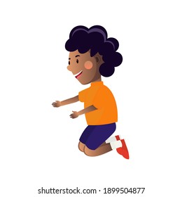 Little african boy wearing shorts, t-shirt and sneackers kneeling. Cartoon vector illustration.