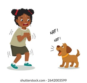Little African girl afraid of a dog barking make her shivering and trembling