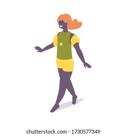 Little african girl in arm floats walking in swimsuit with star. Isometric 3d illustration concept