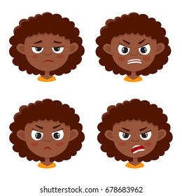 Little african girl with curls angry face expression, set of cartoon vector illustrations isolated on white background. Set of kid emotion face icons, facial expressions.