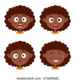 Little african girl with curls scared face expression, set of cartoon vector illustrations isolated on white background. Set of kid emotion face icons, facial expressions.