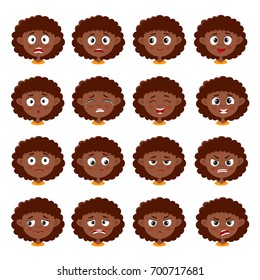 Little african girl face expression, set of cartoon vector illustrations isolated on white background. Set of kid emotion face icons, facial expressions.