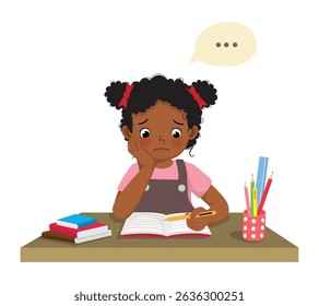 Little African girl feeling tired, bored, lazy studying and doing math homework at the desk at home