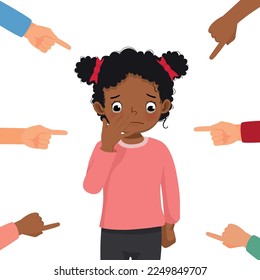 little African girl get bullied at school feeling sad, guilty and ashamed with finger surrounding pointing at her blaming and accusing her in public