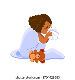 Little african girl has flu, child sneezes into a handkerchief. Sick child girl sitting in bed with toy bear and blowing her nose, feel so bad with fever. Cartoon vector illustration.