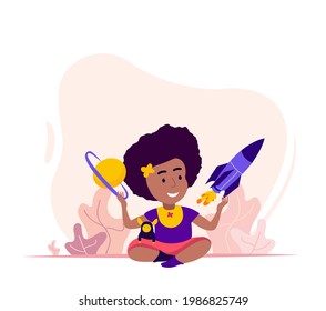 Little African Girl play with Rocket, Space Planet and Dream to become Powerfull Lady Astronaut.Feminism Motivation.Woman Empowerment.Confident Choice.Flat Vector Illustration