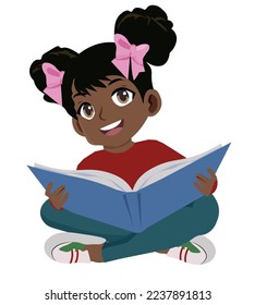 little african girl reading a book, cheerful child studying. vector illustration with white background.